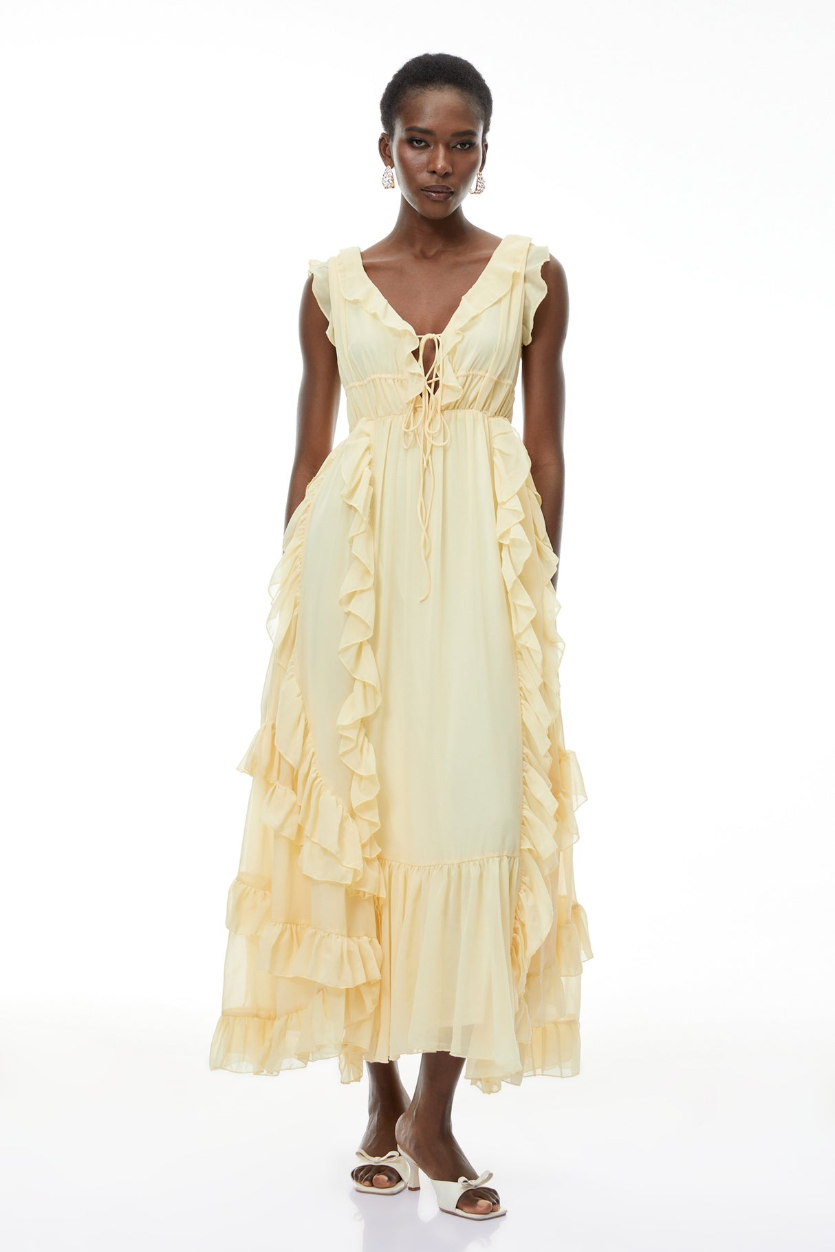Aurohaya Dahlia Yellow Ruffled Maxi Dress with Lace-Up Detail