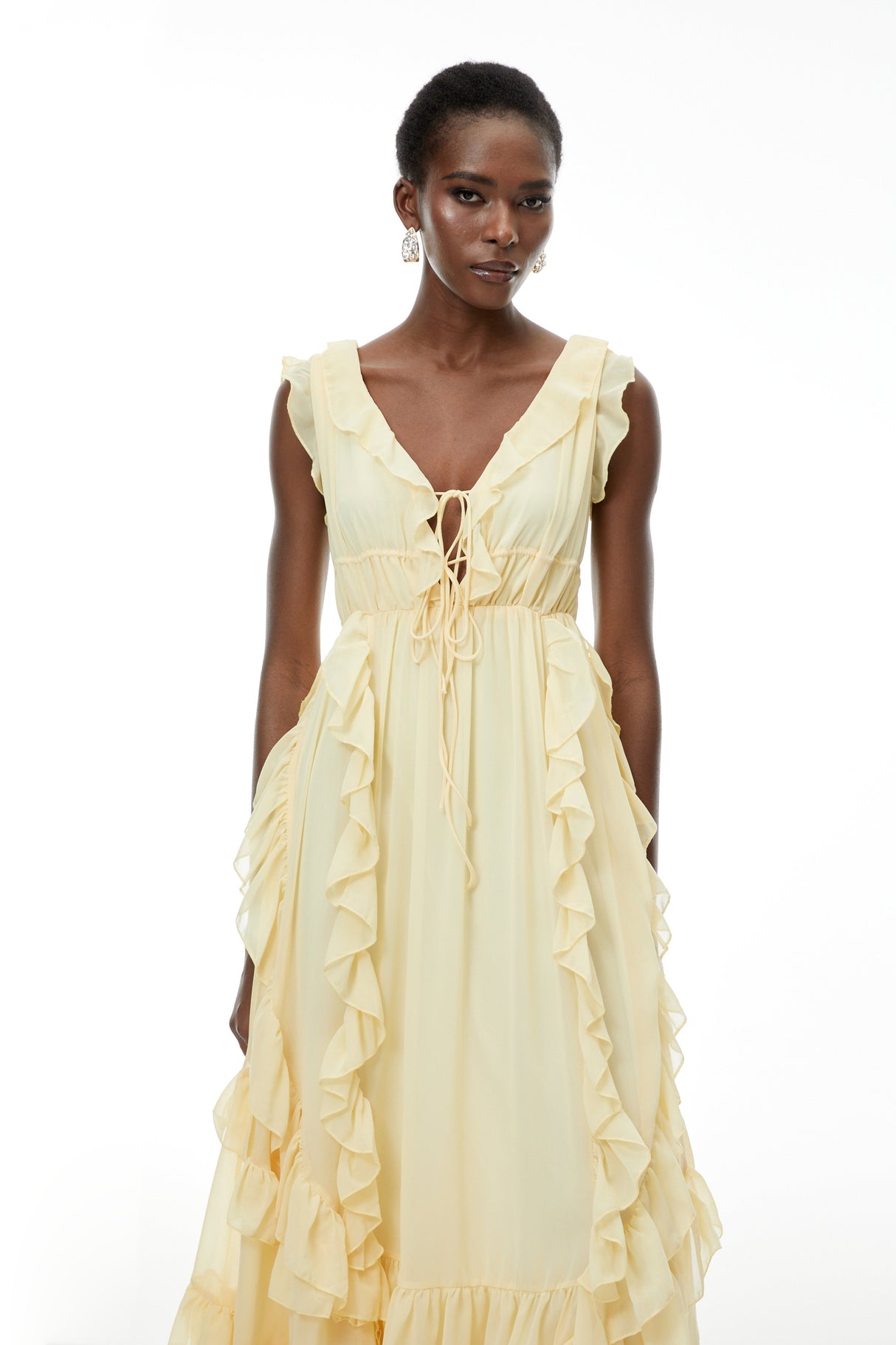 Aurohaya Dahlia Yellow Ruffled Maxi Dress with Lace-Up Detail