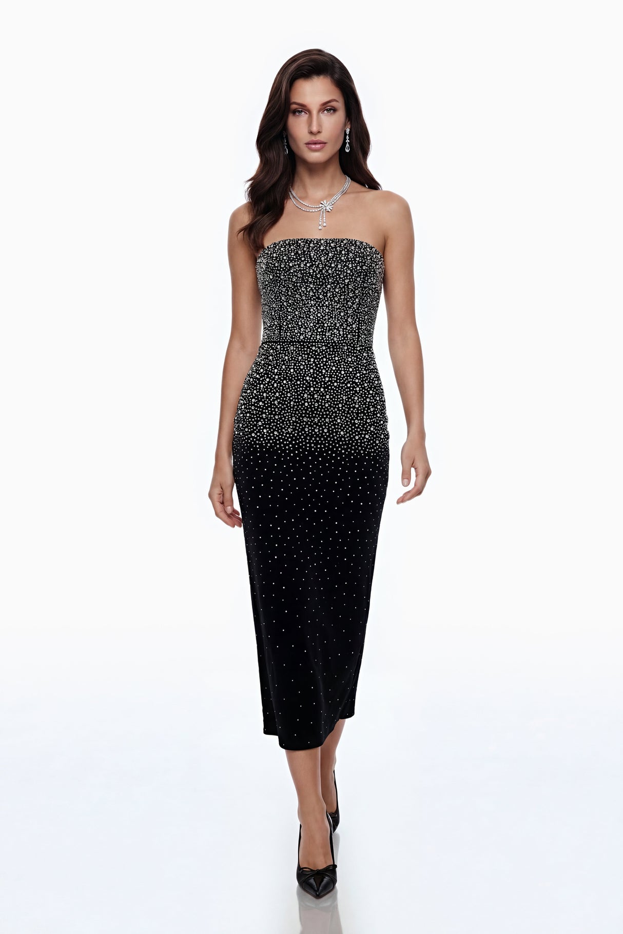 Aurohaya Daisy Black Rhinestone Midi Dress