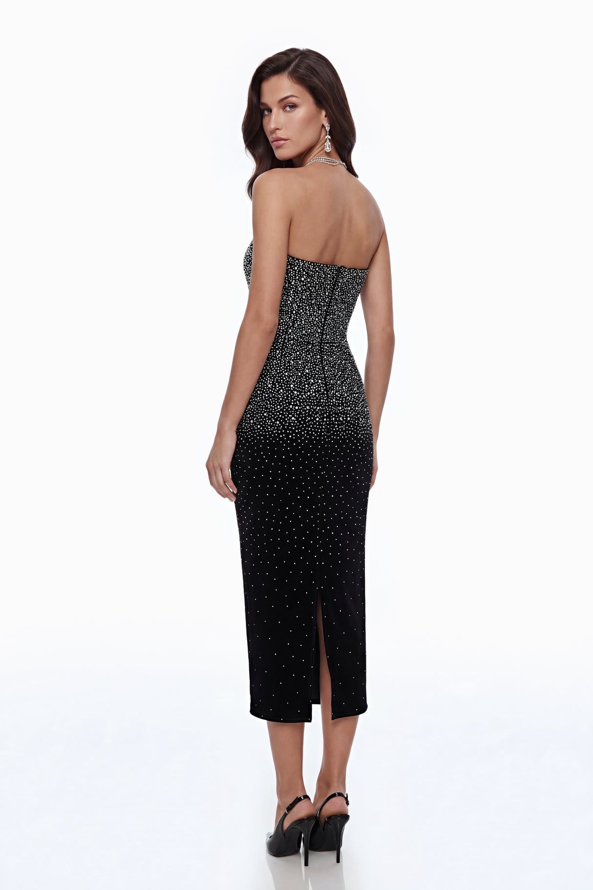 Aurohaya Daisy Black Rhinestone Midi Dress