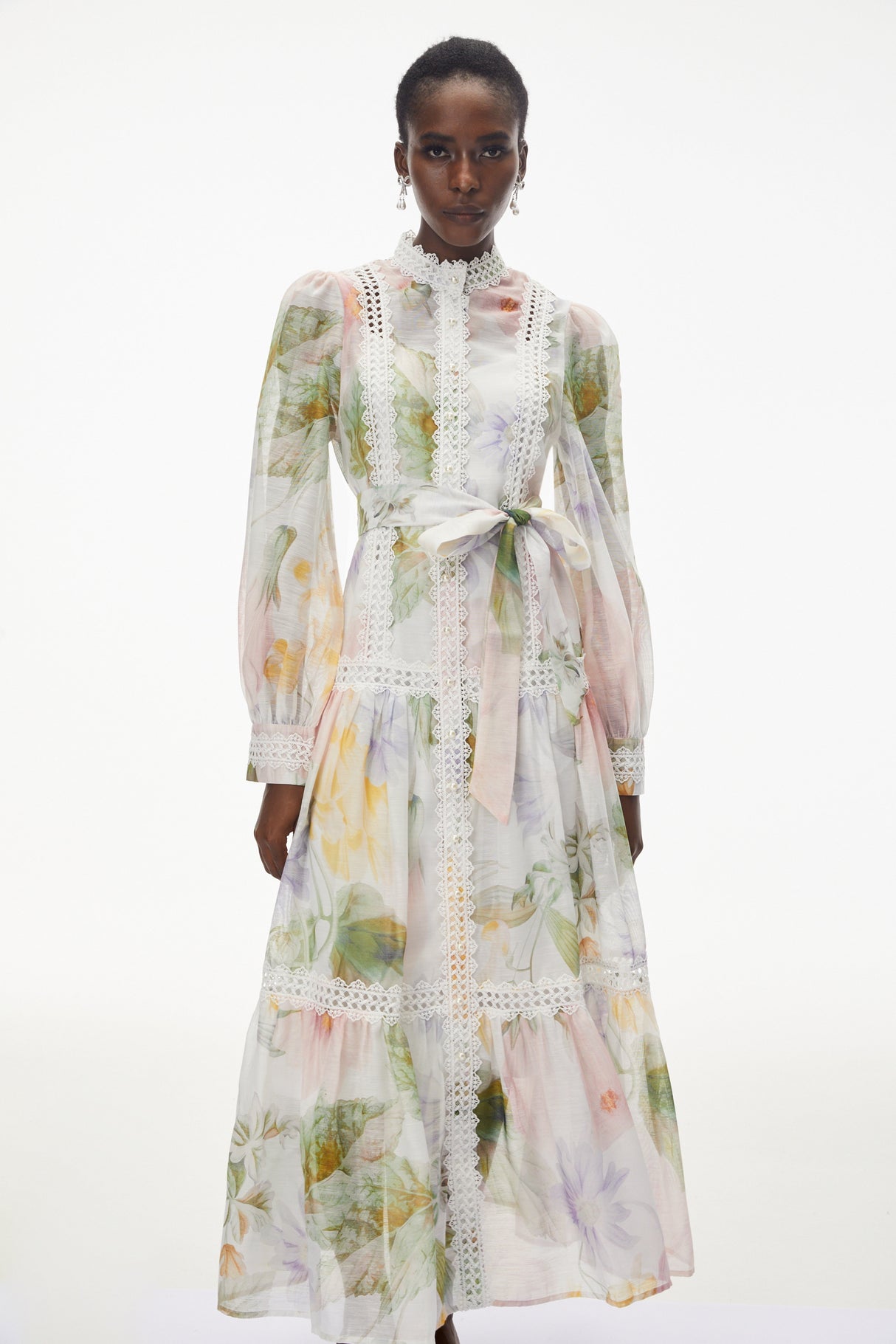 Aurohaya Danae White Floral Print Midi Dress with Lace Trim