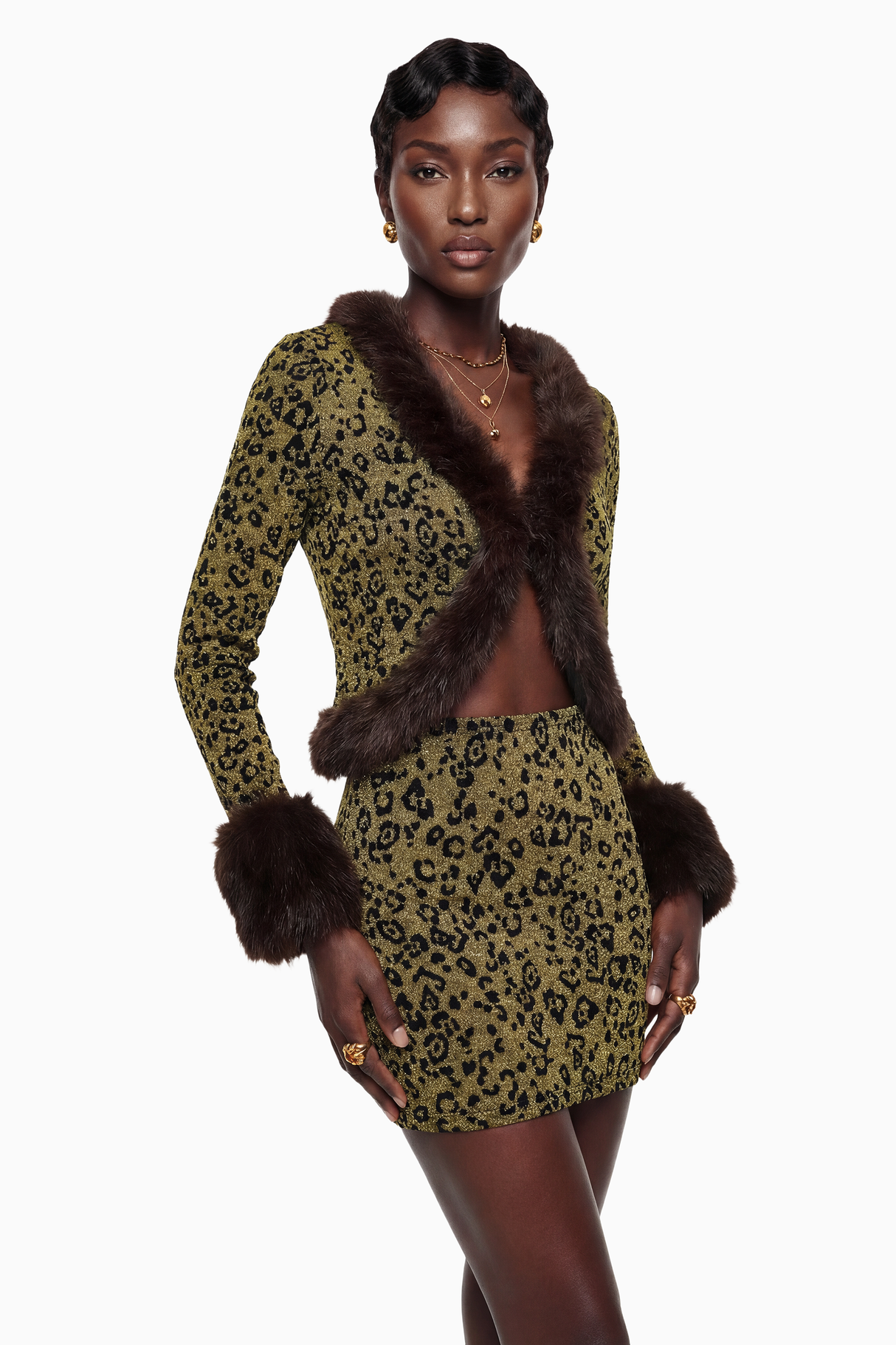 Aurohaya Danica Yellow Fur Trim Leopard Top & Skirt Set