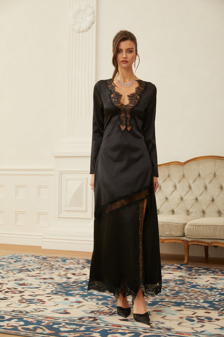 Aurohaya Raphaëlle Black Lace Panel Satin Maxi Dress