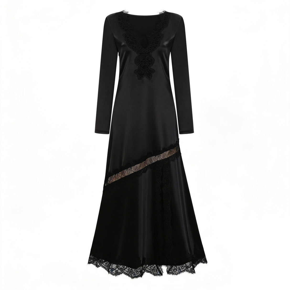 Aurohaya Raphaëlle Black Lace Panel Satin Maxi Dress