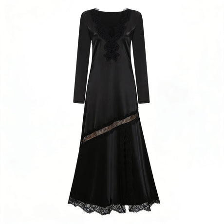 Aurohaya Raphaëlle Black Lace Panel Satin Maxi Dress