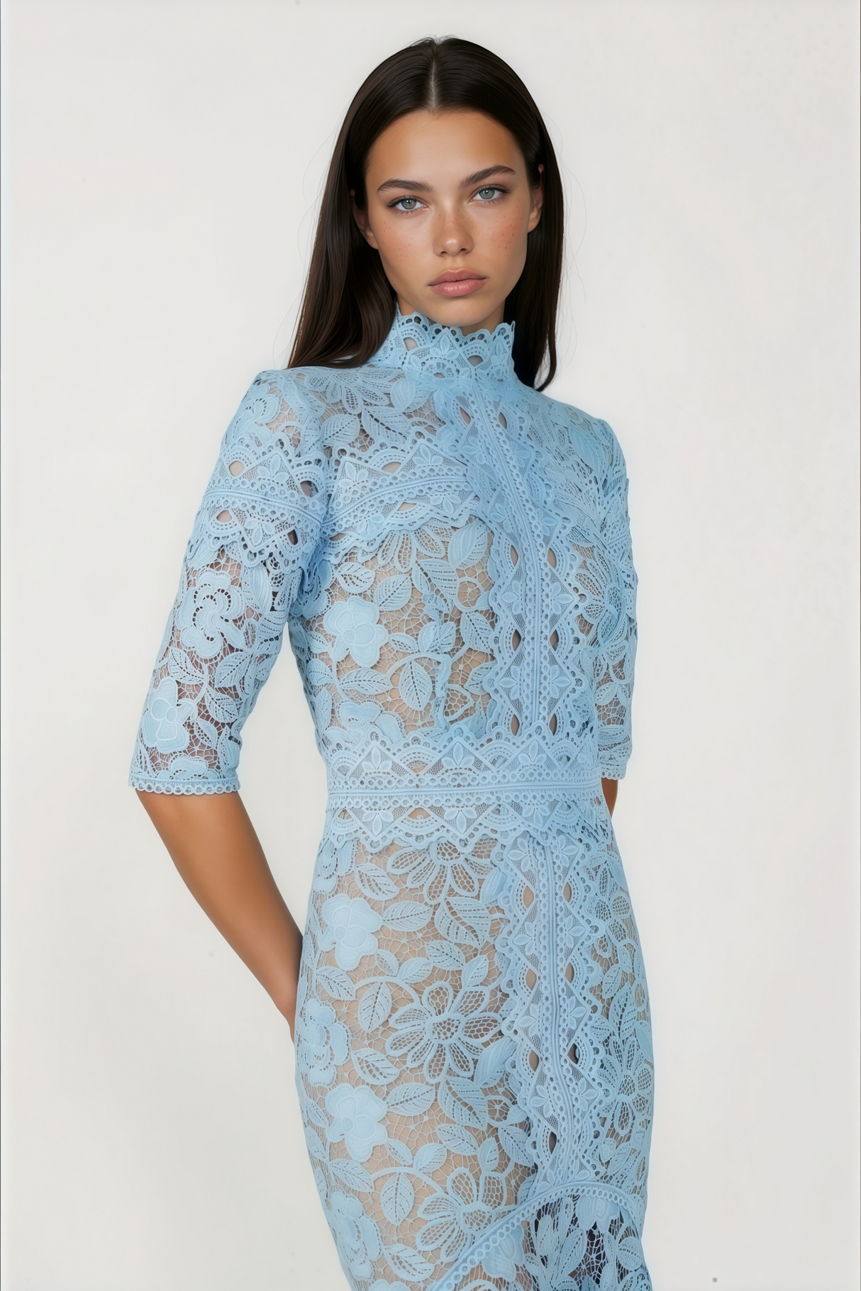 Aurohaya Daniela Blue Floral Lace Mermaid Maxi Dress