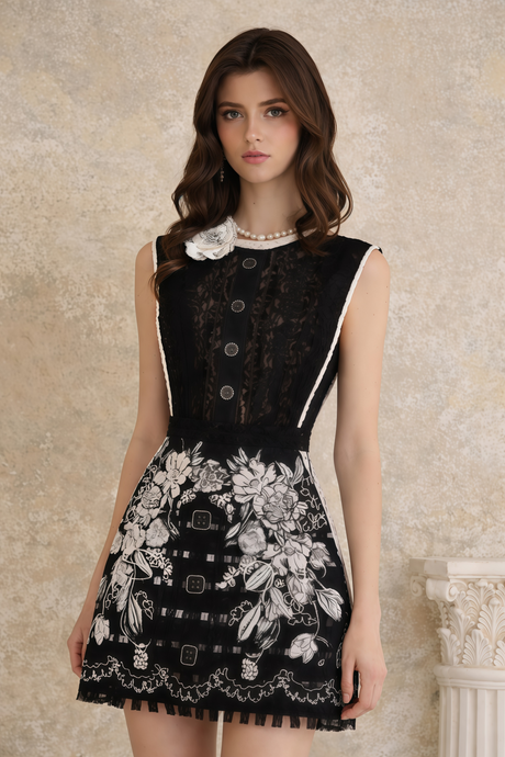 Aurohaya Daphné Black Mini Dress with Floral Embroidered