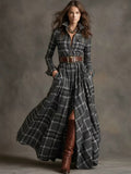 Retro Lapel Plaid Single-Breasted Maxi Dress