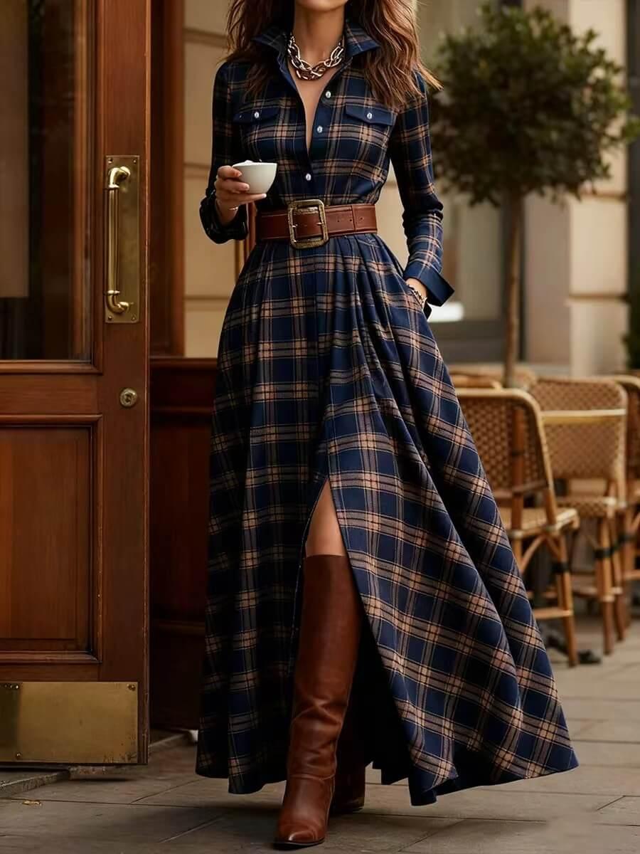 Aurohaya Retro Lapel Plaid Single-Breasted Maxi Dress Deep Blue