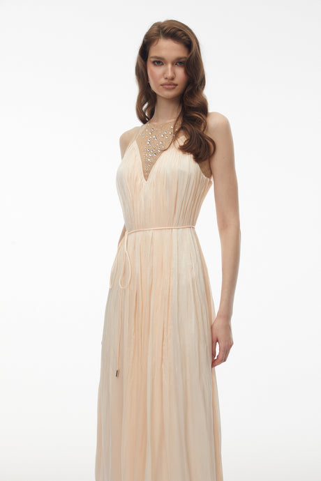 Aurohaya Deirdre Pink Embellishment Ruched Midi Dress