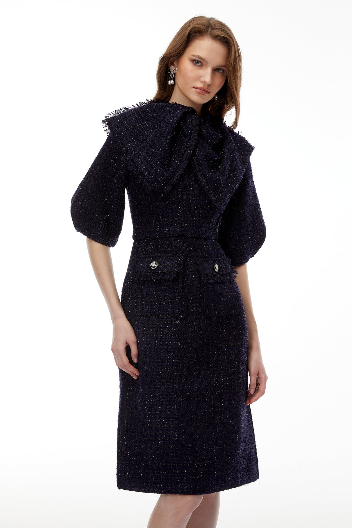 Aurohaya Demetria Blue Tweed Midi Dress with Bow