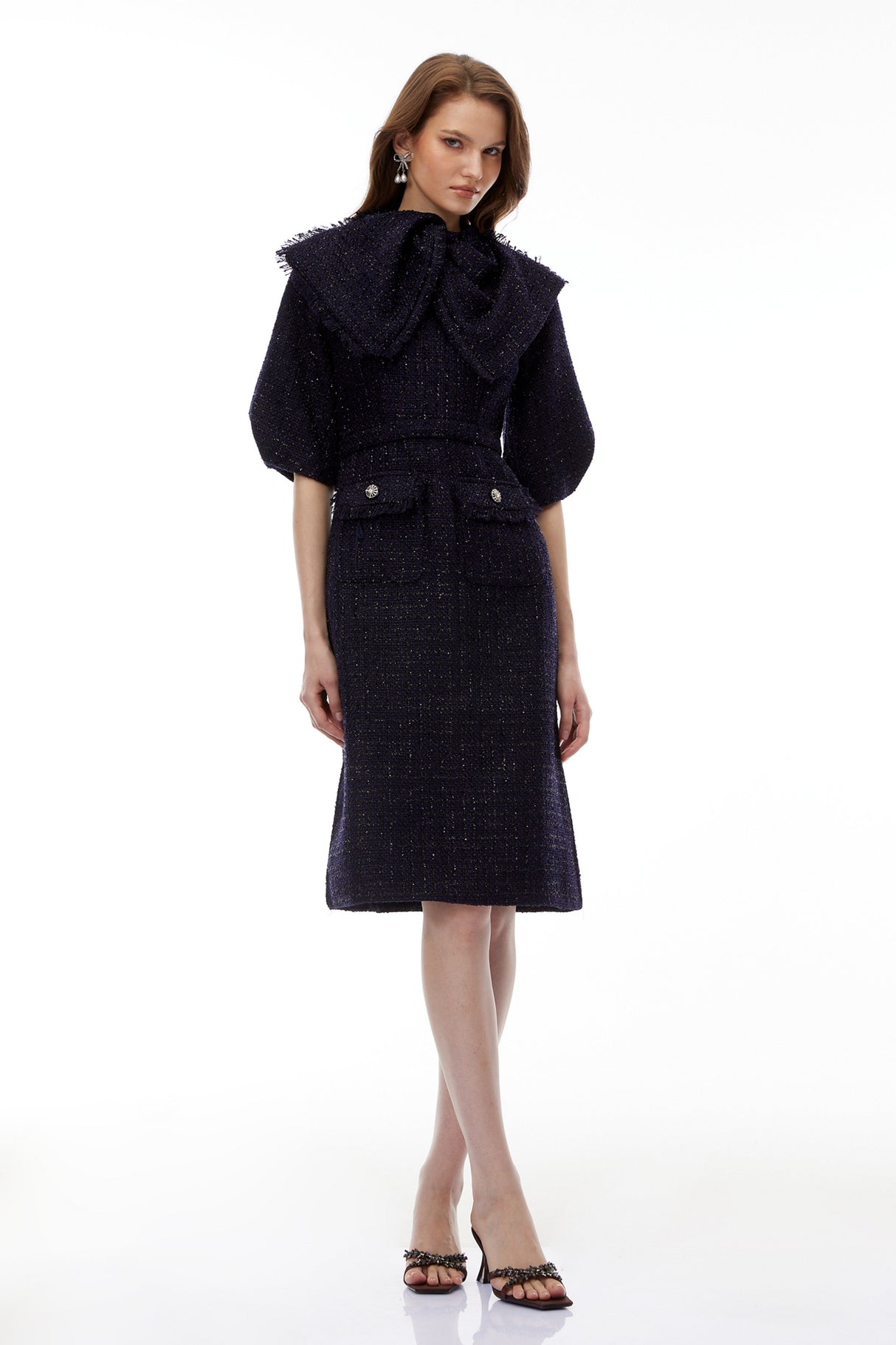 Aurohaya Demetria Blue Tweed Midi Dress with Bow