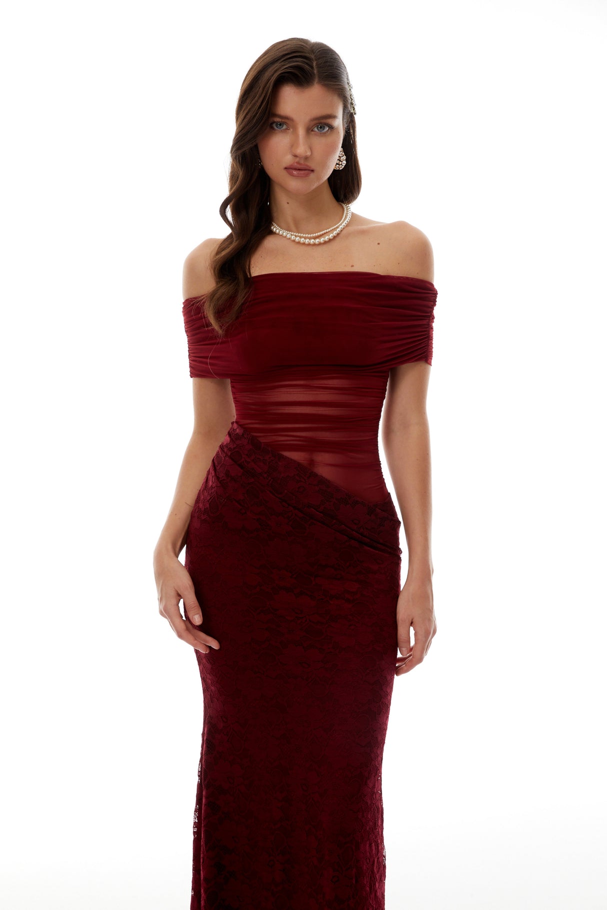 Aurohaya Dianthe Red Lace Panel Mesh Midi Dress