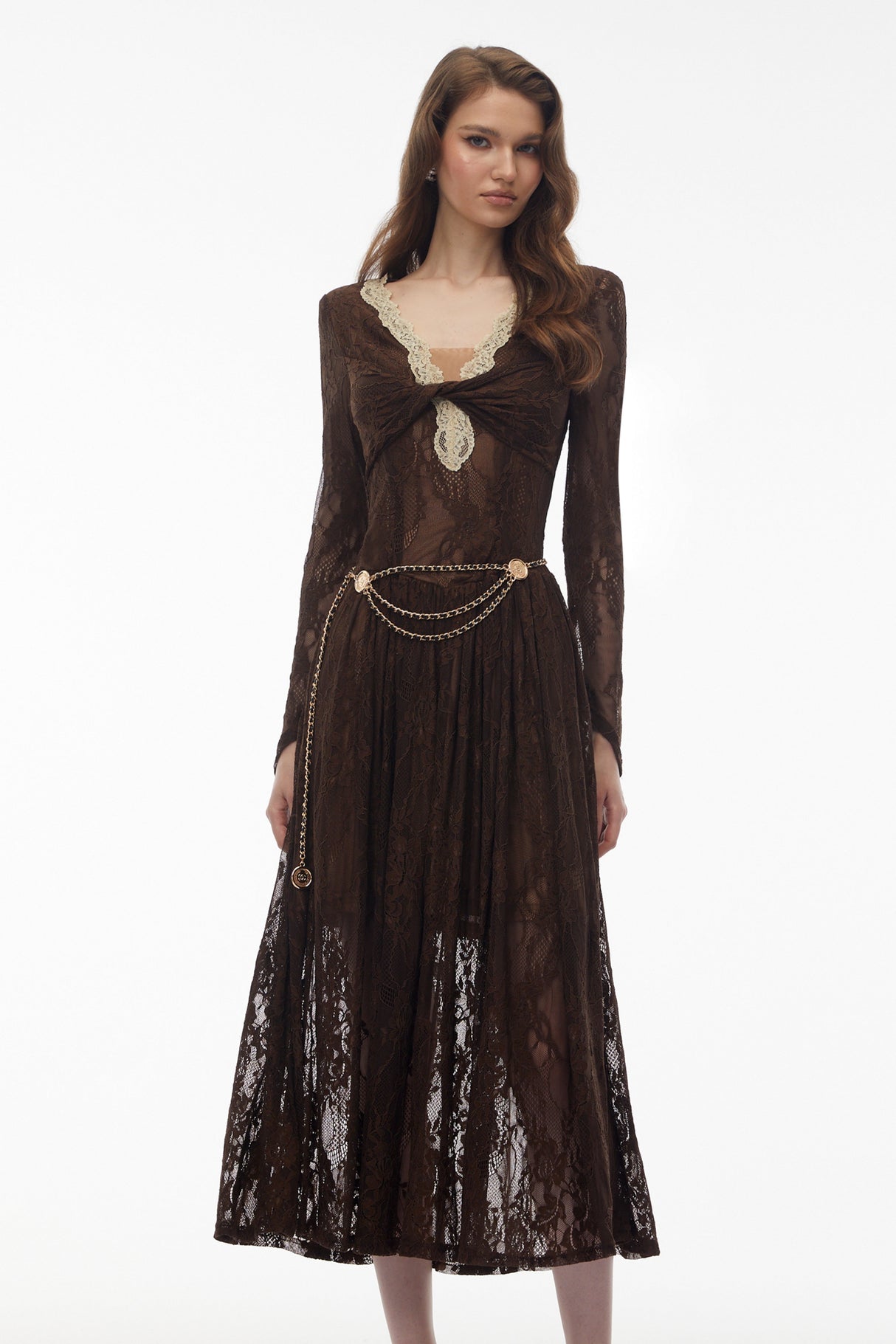 Aurohaya Dione Brown Floral Lace Twist Midi Dress