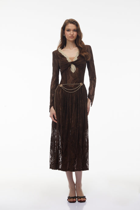 Aurohaya Dione Brown Floral Lace Twist Midi Dress