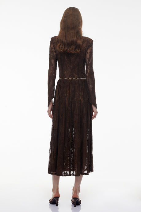 Aurohaya Dione Brown Floral Lace Twist Midi Dress
