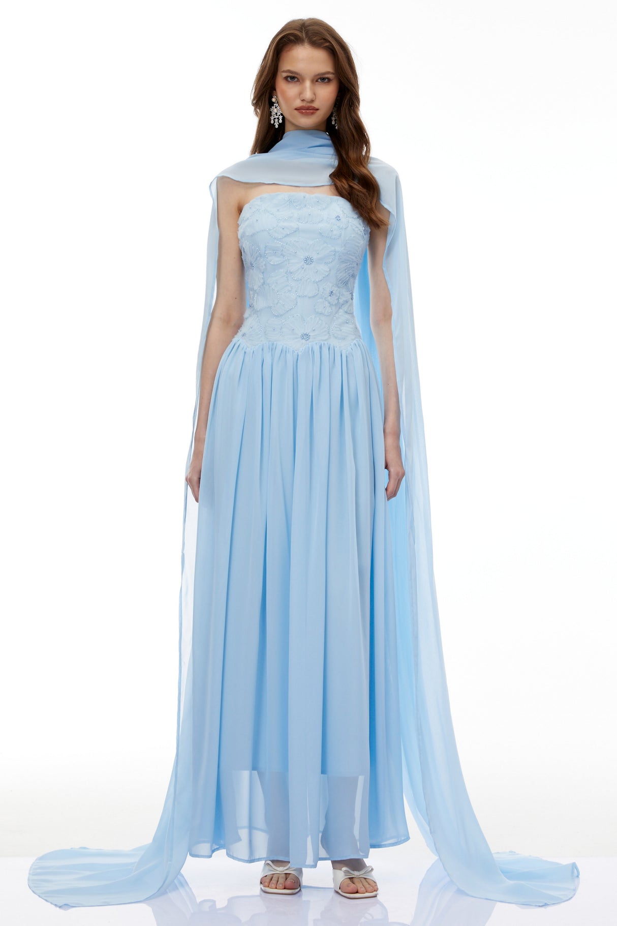 Aurohaya Dobromila Blue Floral Embroidered Pleated Maxi Dress