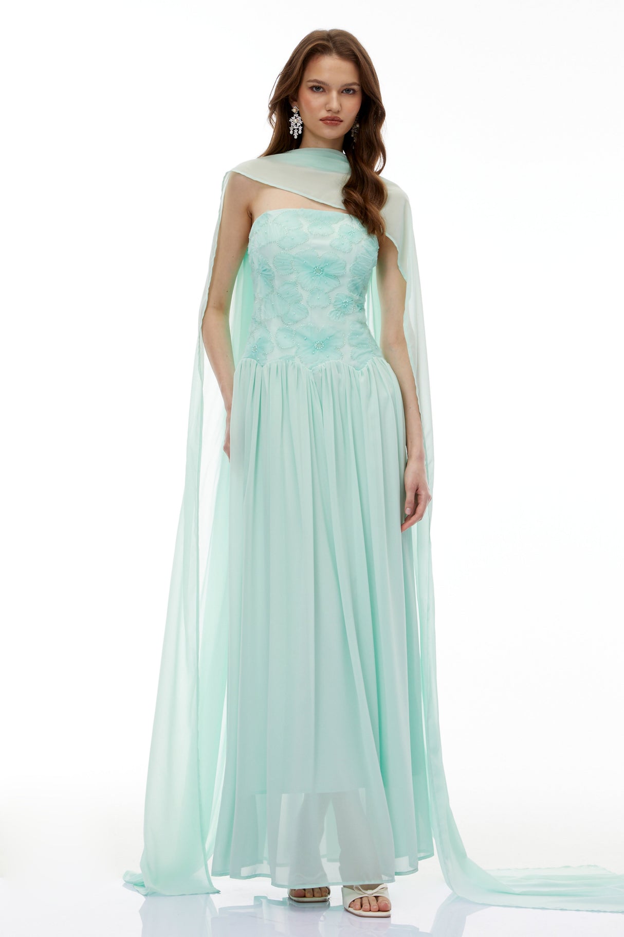 Aurohaya Dobromila Green Floral Embroidered Pleated Maxi Dress