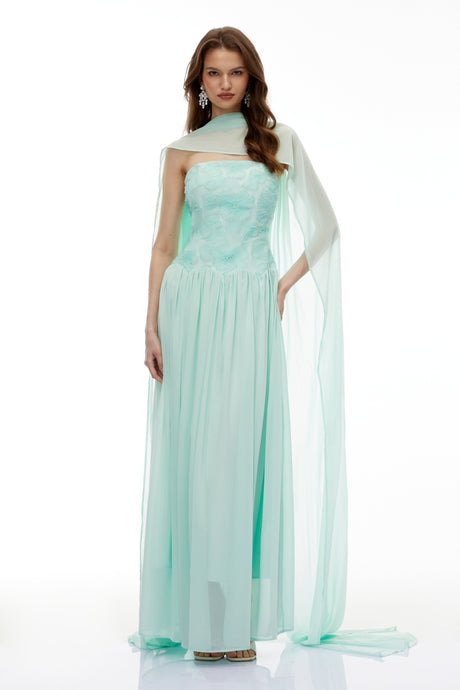 Aurohaya Dobromila Green Floral Embroidered Pleated Maxi Dress