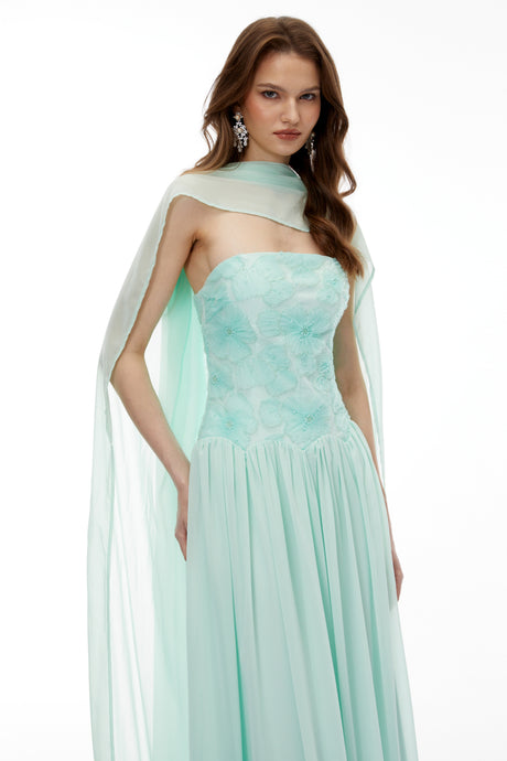 Aurohaya Dobromila Green Floral Embroidered Pleated Maxi Dress