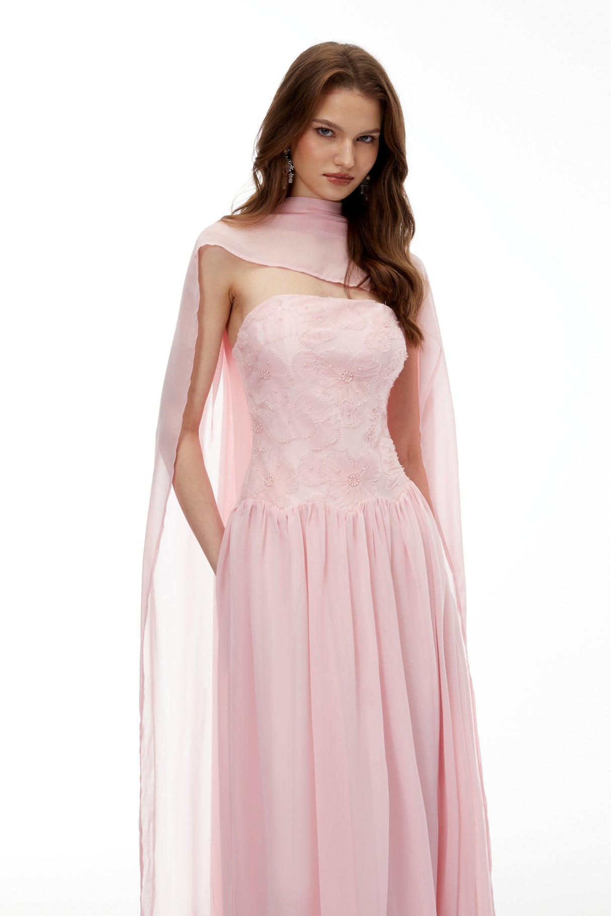 Aurohaya Dobromila Pink Floral Embroidered Pleated Maxi Dress