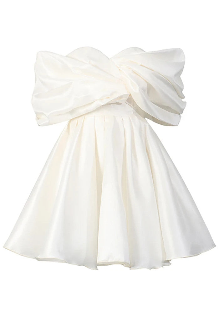 Draped Bardot Corset A Line Dress White
