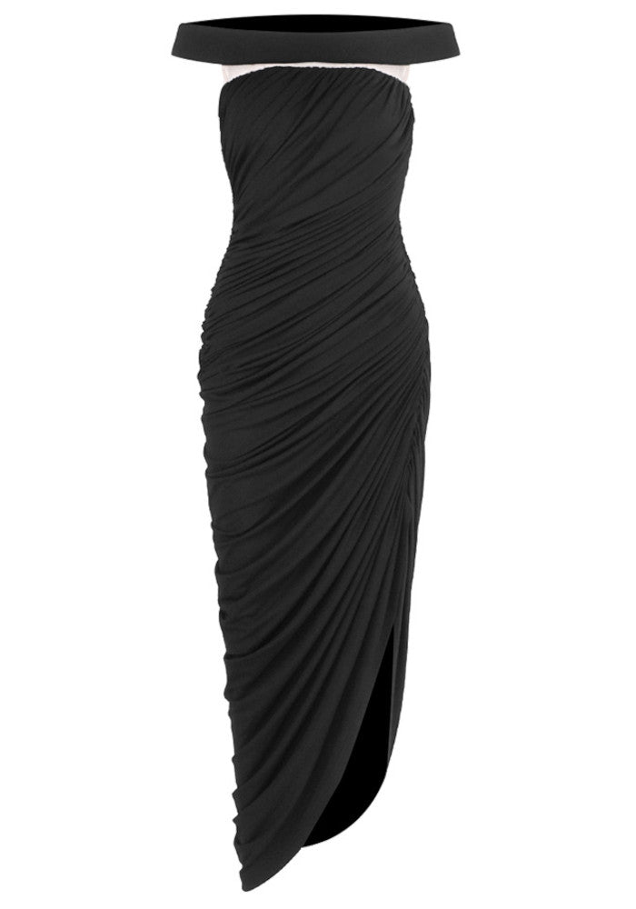 Bardot Draped Mesh Insert Maxi Dress Black