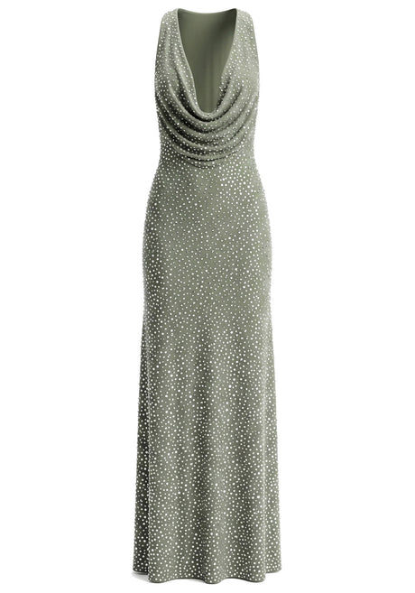 Draped Neckline Crystal Maxi Dress Green