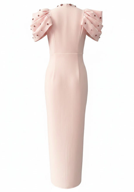 Draped Short Sleeve Crystal Maxi Dress Pink