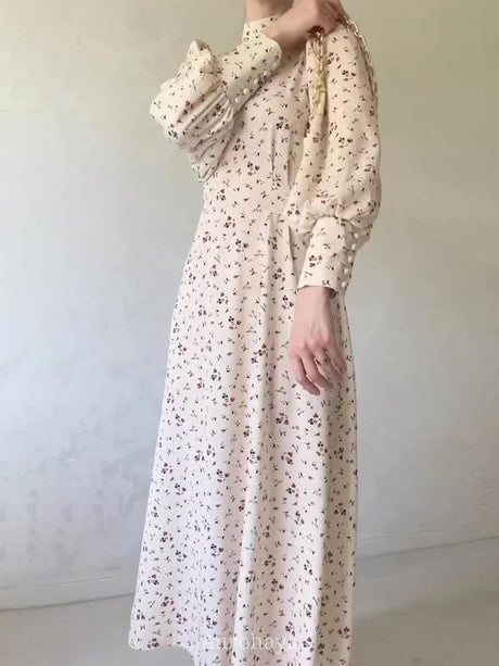 Aurohaya Floral High-Neck Long-Sleeve Loose Tie-Waist Maxi Dress