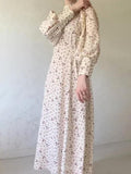 Floral High-Neck Long-Sleeve Loose Tie-Waist Maxi Dress
