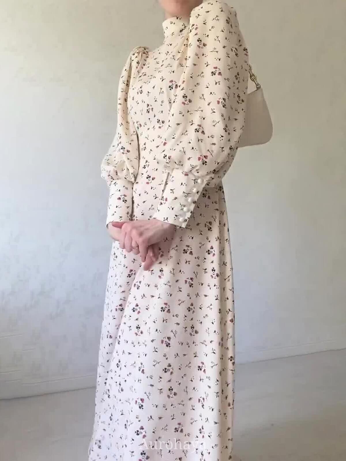 Aurohaya Floral High-Neck Long-Sleeve Loose Tie-Waist Maxi Dress