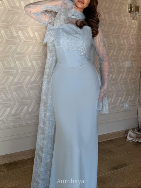Aurohaya High-Neck Long-Sleeve Lace Maxi Dress, DES103 Blue