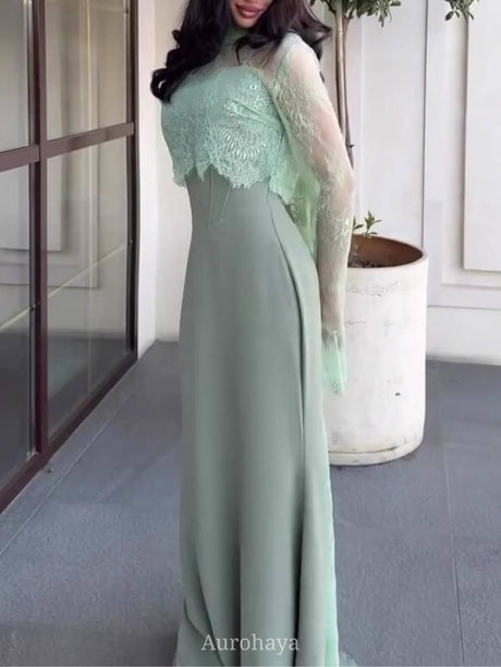 Aurohaya High-Neck Long-Sleeve Lace Maxi Dress, DES103