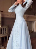 Long Sleeve Lace Chiffon Waist-Cinching Maxi Dress, DES111