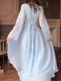 Long Sleeve Lace Chiffon Waist-Cinching Maxi Dress, DES111