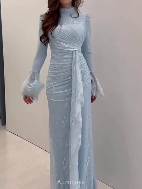 Aurohaya High Neck Ruched Waist Sash Tie Lace Evening Dress, DES112 Blue