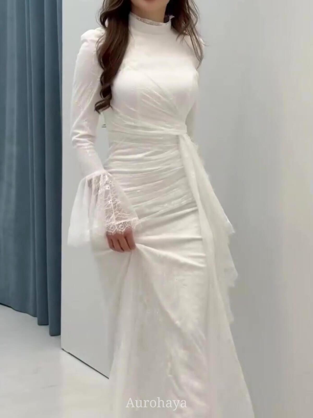 Aurohaya High Neck Ruched Waist Sash Tie Lace Evening Dress, DES112