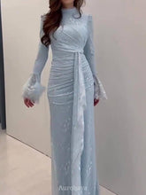 Aurohaya High Neck Ruched Waist Sash Tie Lace Evening Dress, DES112 Blue