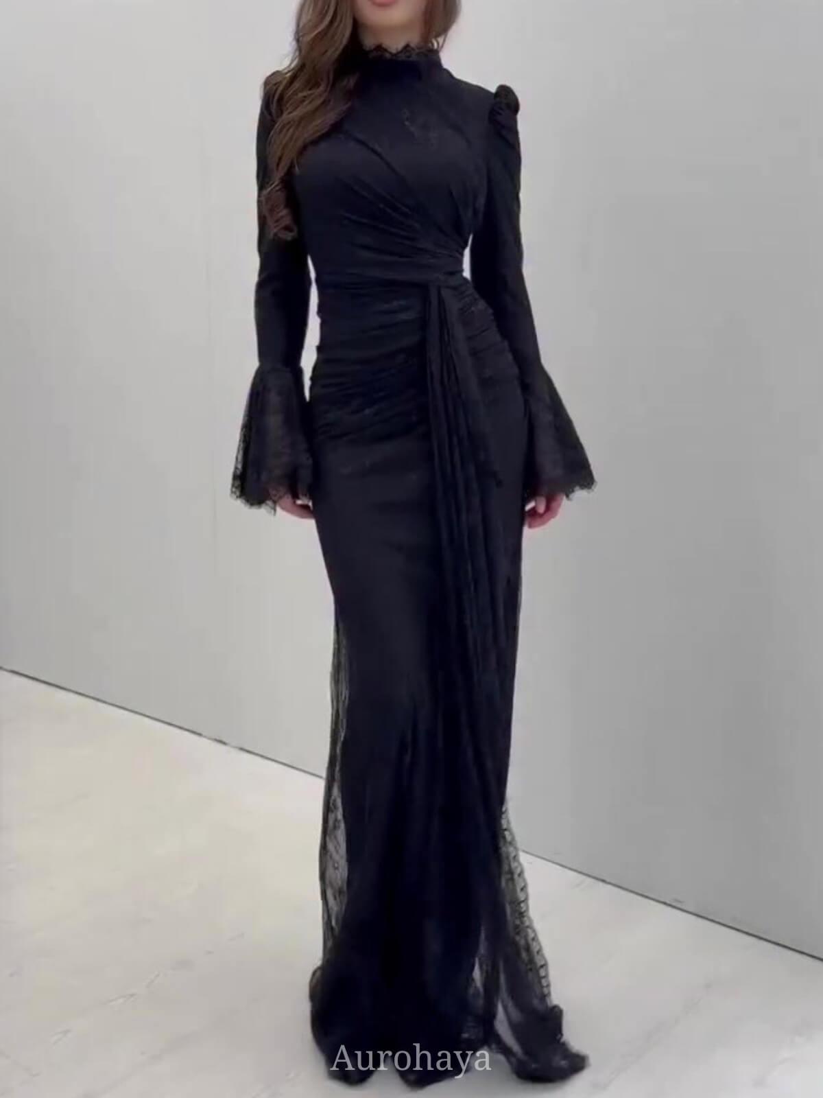 Aurohaya High Neck Ruched Waist Sash Tie Lace Evening Dress, DES112 Black