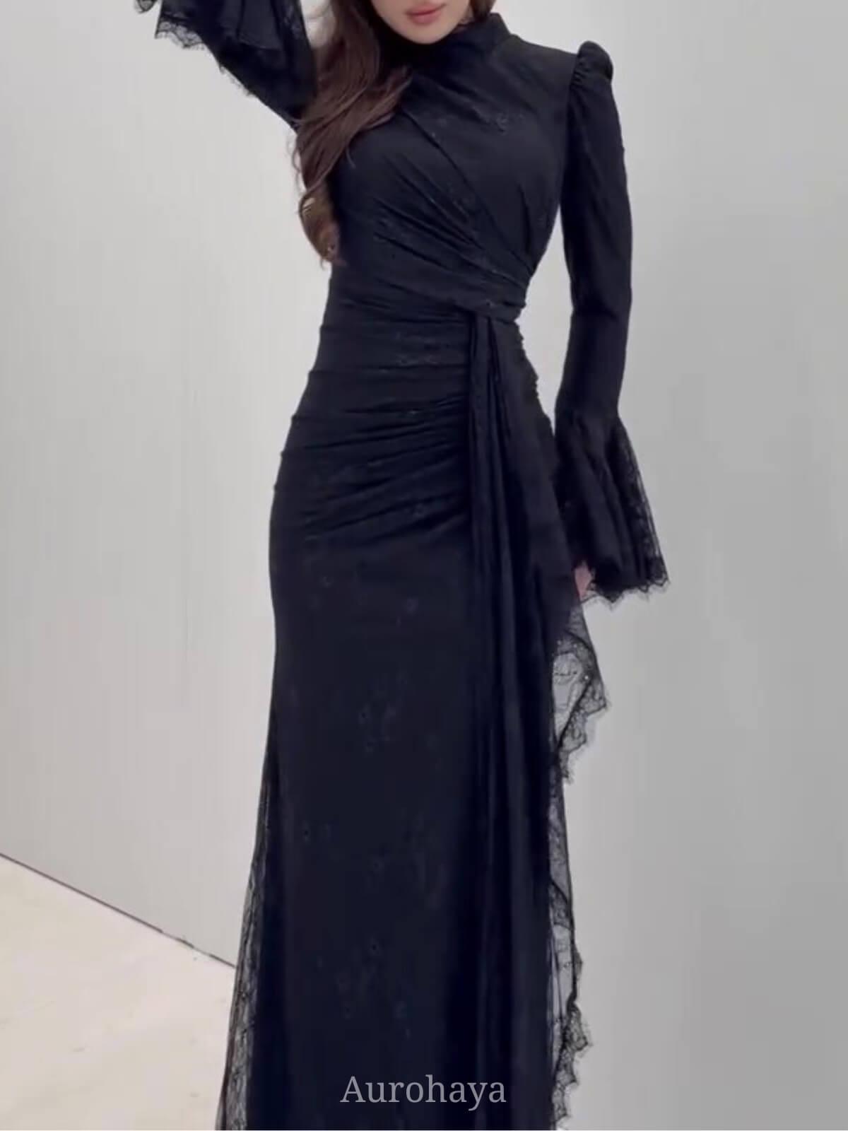 Aurohaya High Neck Ruched Waist Sash Tie Lace Evening Dress, DES112