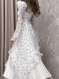 Puff Sleeves Layered Ruffle Hem Floral Maxi Dress, DES113
