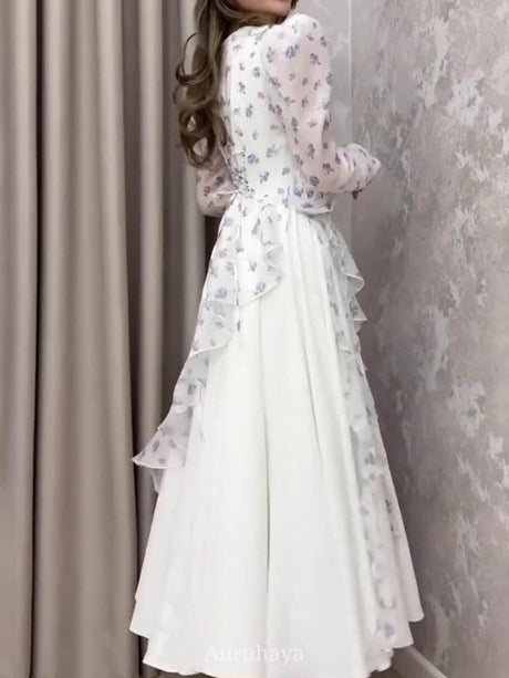 Aurohaya Puff Sleeves Layered Ruffle Hem Floral Maxi Dress, DES113