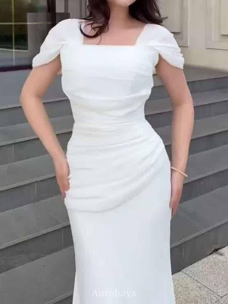 Aurohaya Short Sleeve Ruched Square-Neck Maxi Evening Dress, DES114