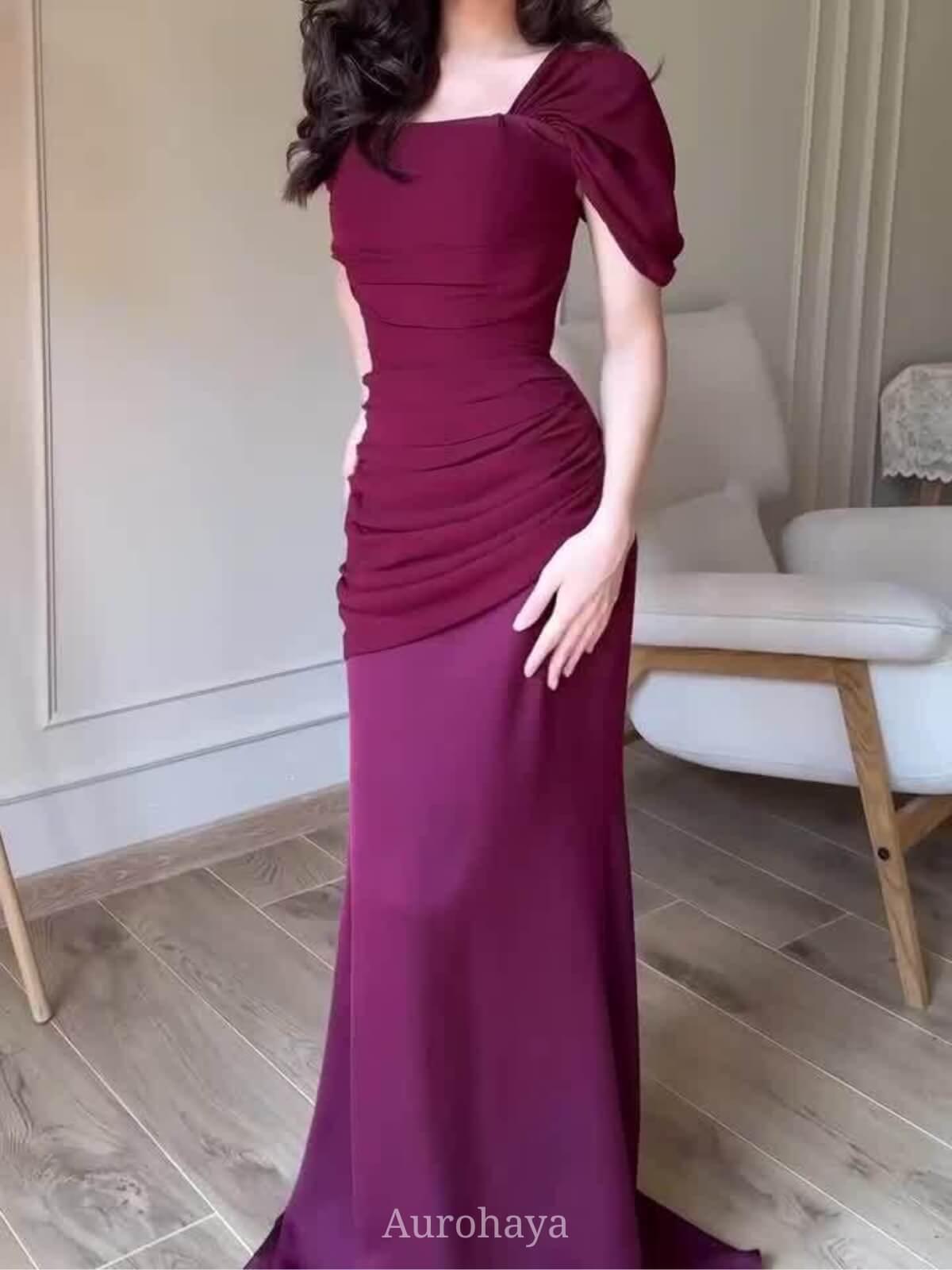 Aurohaya Short Sleeve Ruched Square-Neck Maxi Evening Dress, DES114