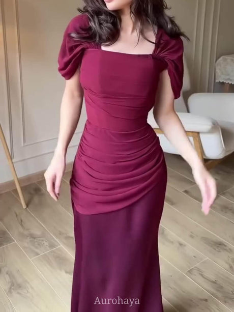 Aurohaya Short Sleeve Ruched Square-Neck Maxi Evening Dress, DES114