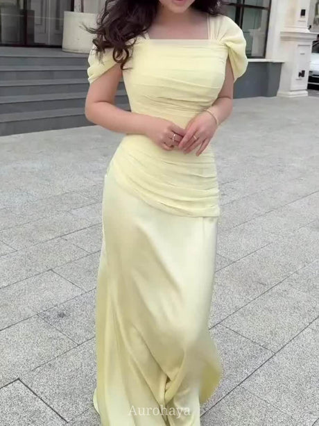 Aurohaya Short Sleeve Ruched Square-Neck Maxi Evening Dress, DES114 Yellow