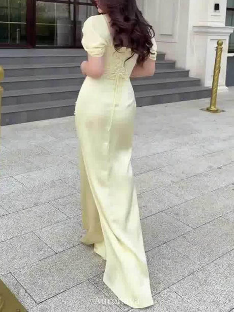 Aurohaya Short Sleeve Ruched Square-Neck Maxi Evening Dress, DES114