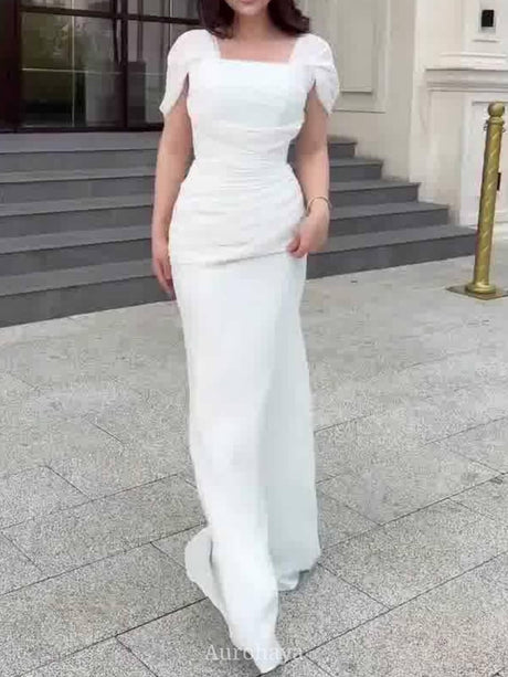 Aurohaya Short Sleeve Ruched Square-Neck Maxi Evening Dress, DES114 White