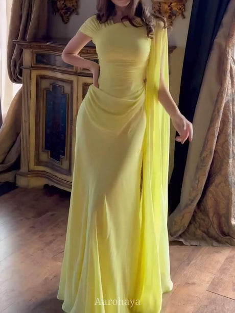 Aurohaya Pleated Asymmetrical Neck Cinched Waist Evening Dress, DES115 Yellow